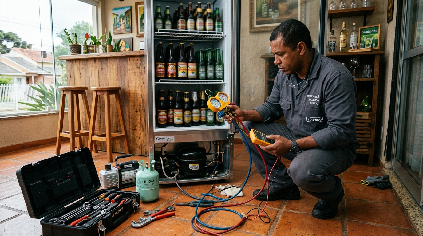 Profissional executando reparo no motor de cervejeira no Amazonas, Betim‑MG