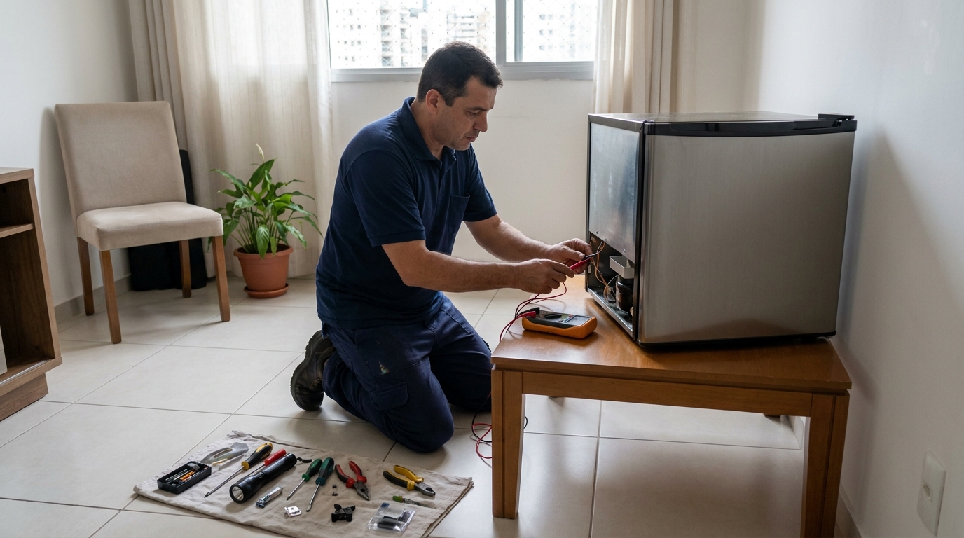 Técnico fazendo manutenção do motor de frigobar em Betim‑MG