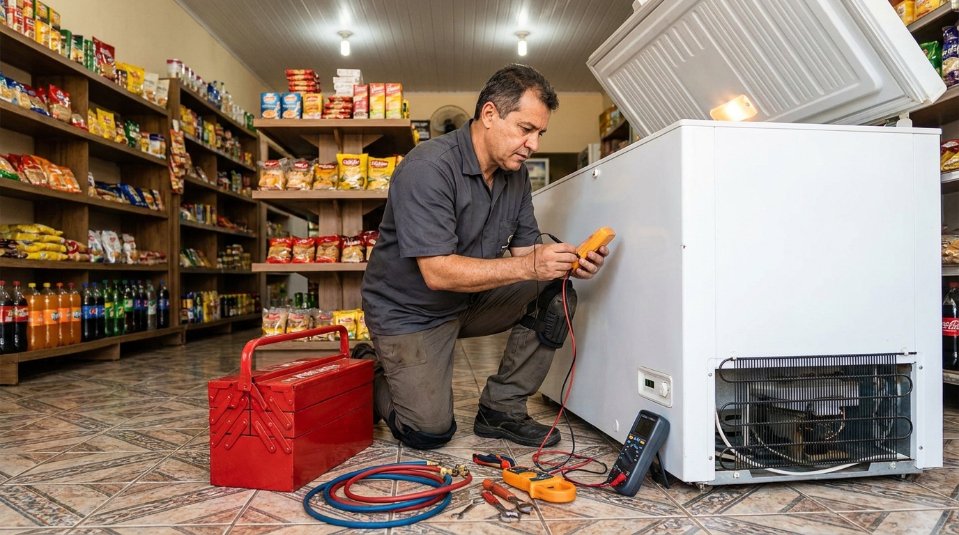 Recarga de gás refrigerante no freezer durante atendimento em Betim‑MG