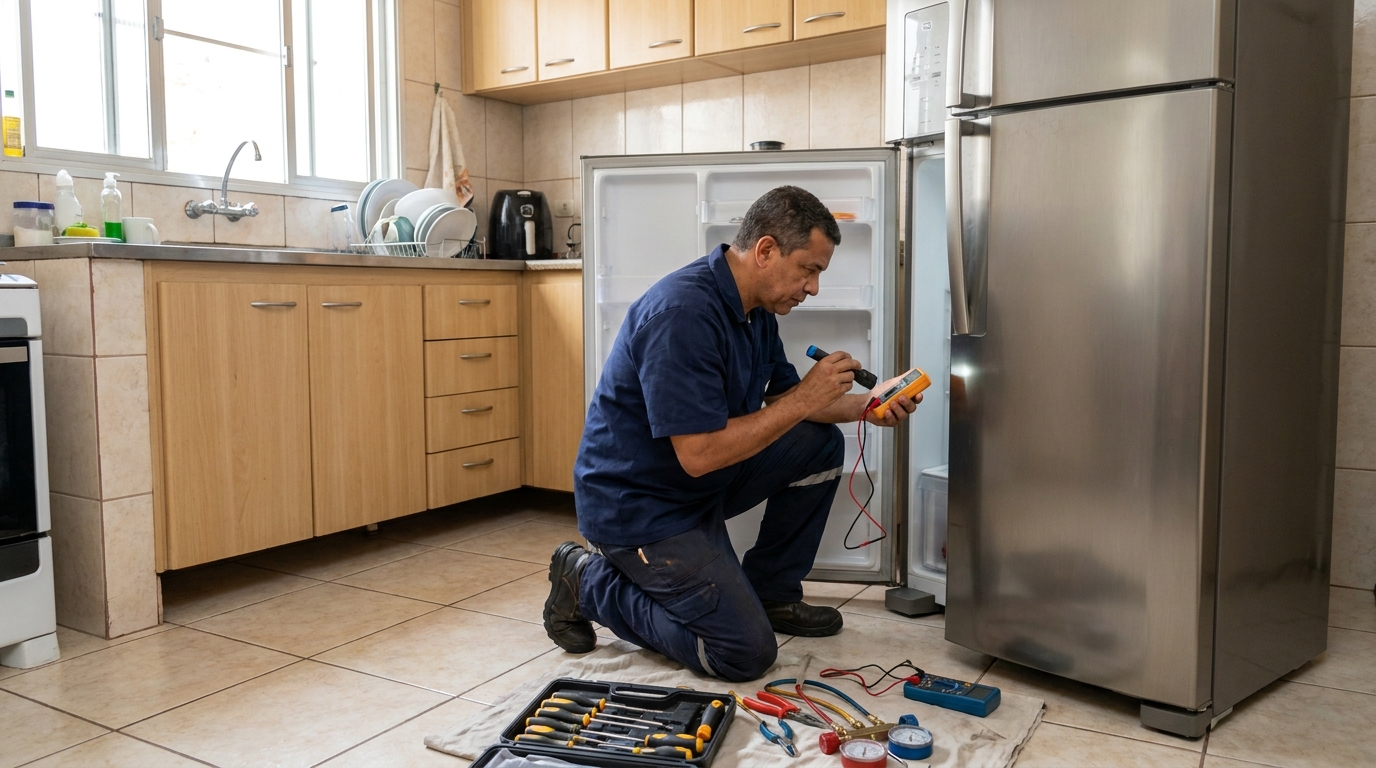 Técnico aplicando recarga de gás refrigerante em geladeira em Betim‑MG