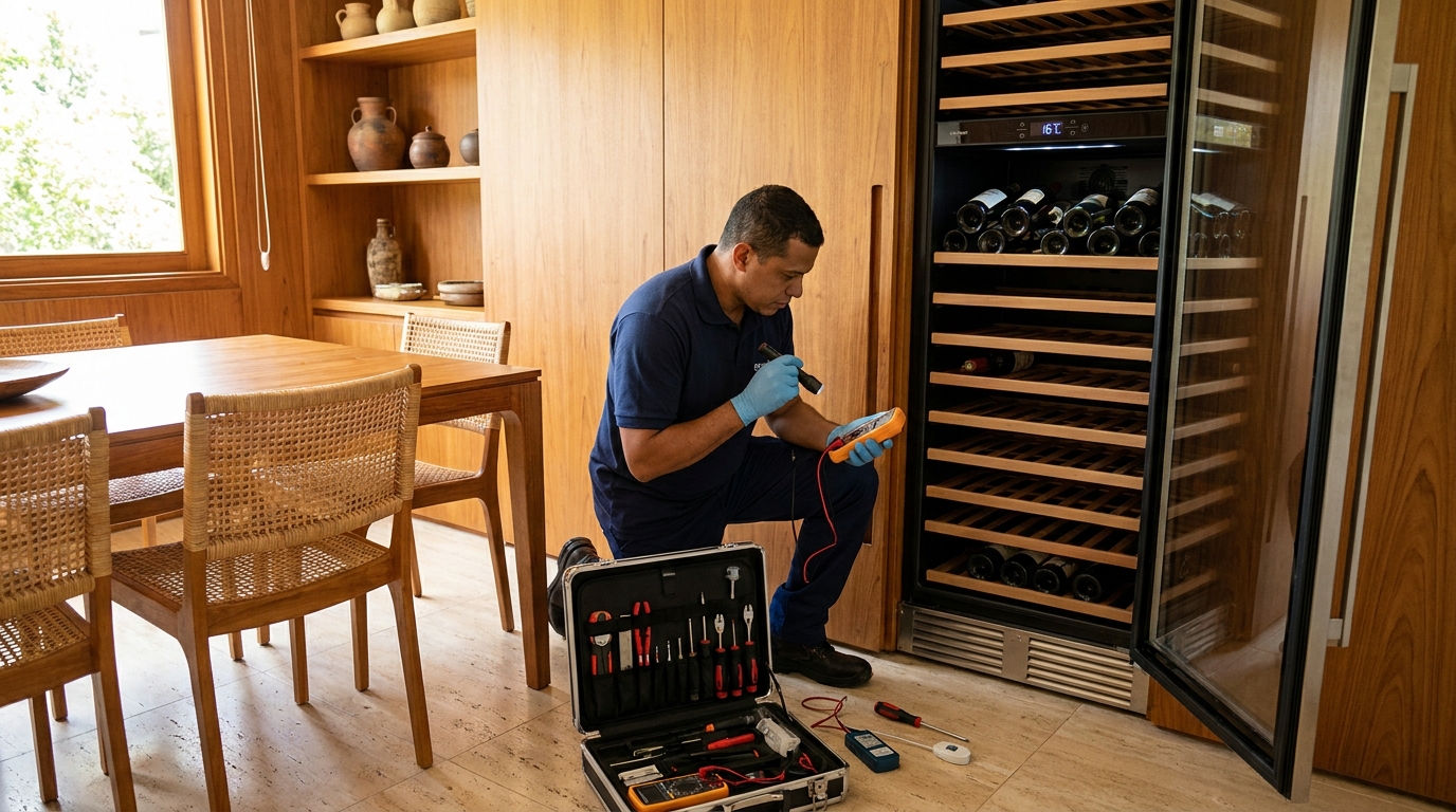 Substituição de termostato em adega climatizada em visita técnica no Amarante, Betim‑MG